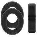 Two black foam ear pads and one black foam headband pad for headphones shown on a white background.
