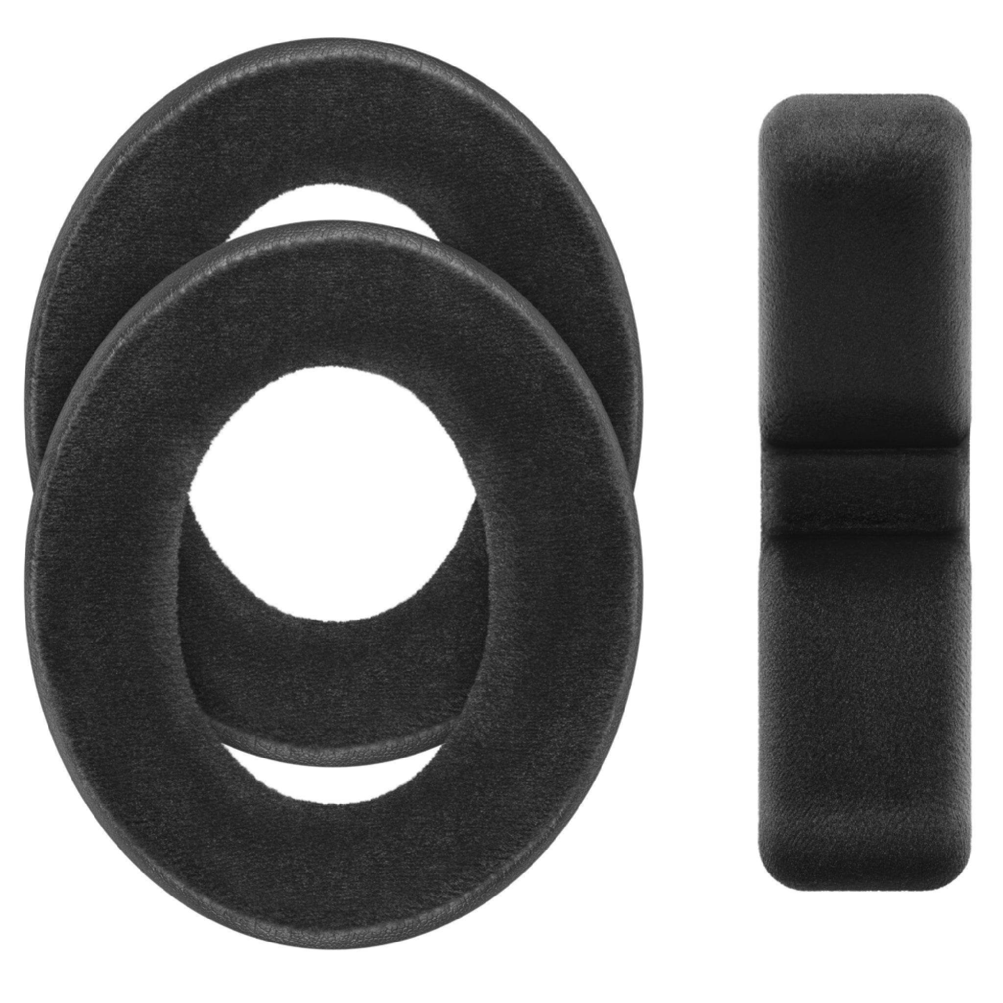 Two black foam ear pads and one black foam headband pad for headphones shown on a white background.