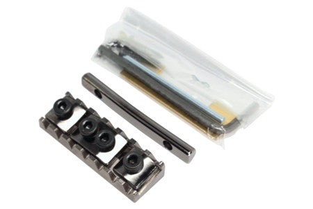 Gotoh locking nut assembly in black with metal bar and small parts in a plastic bag.