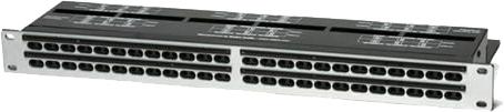 Black and silver rackmount patchbay with multiple small rectangular ports in two rows.