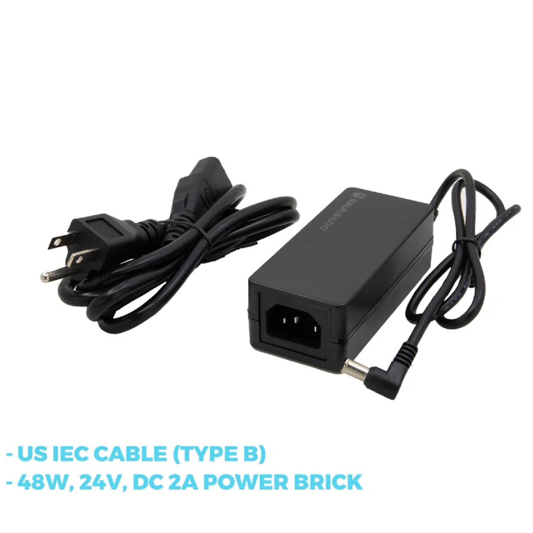 Black power brick with IEC cable and barrel plug power output cable shown on white background