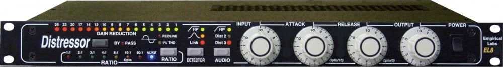 Front panel of a black EMPIRICAL LABS EL8 Distressor compressor with knobs, buttons, and LED indicators.