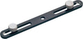 Black metal bar with two silver adjustable knobs and slotted holes on a white background.