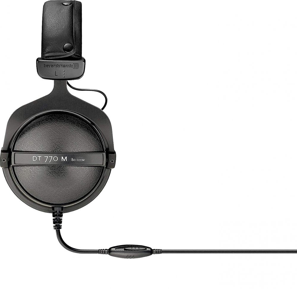 Black over-ear wired headphones with inline volume control and leather padded headband.