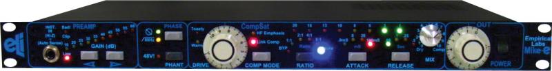 Rackmount preamp device with multiple knobs, switches, LED indicators, and 1/4 inch input and output jacks.