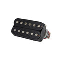 Black guitar humbucker pickup with six adjustable pole pieces on each coil and attached wires.