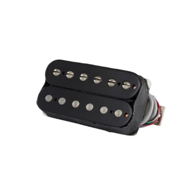 Black guitar humbucker pickup with six adjustable pole pieces on each coil and attached wires.