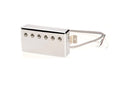 Chrome electric guitar pickup with six pole pieces and attached four-wire cable with bare ends.