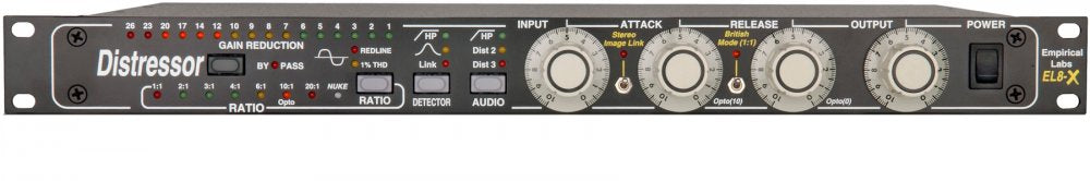 Front panel of an Empirical Labs EL8-X Distressor audio compressor with knobs and switches.