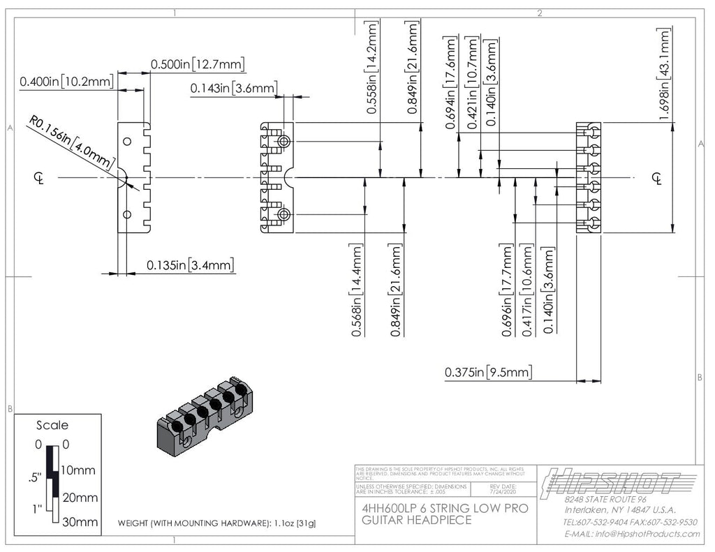 Hipshot 4H600B-LP-L 6 String Headless Left Handed Hardtail Guitar Bridge With Low Pro Headpiece