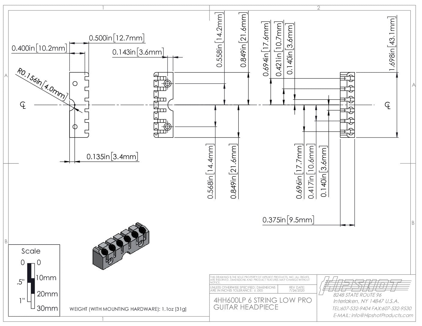 Hipshot 4H600B-LP-L 6 String Headless Left Handed Hardtail Guitar Bridge With Low Pro Headpiece