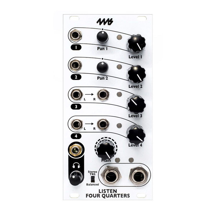 White Eurorack module with four rows of pan knobs, level knobs, multiple input jacks, a main control knob, and headphone output jack.