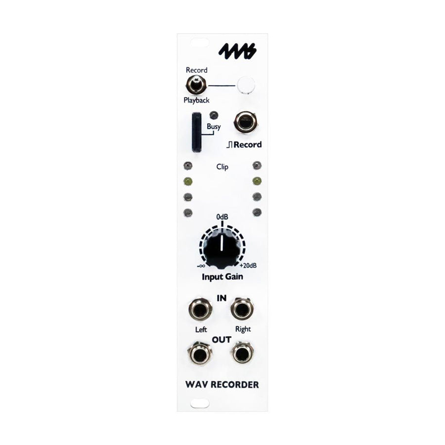 White eurorack module with toggle switch, rotary knob, LEDs, and multiple 3.5mm audio jacks labeled WAV RECORDER