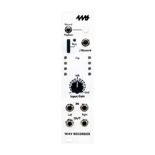 White eurorack module with toggle switch, rotary knob, LEDs, and multiple 3.5mm audio jacks labeled WAV RECORDER