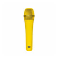 Yellow handheld microphone with black text and grille in a straight-on view.