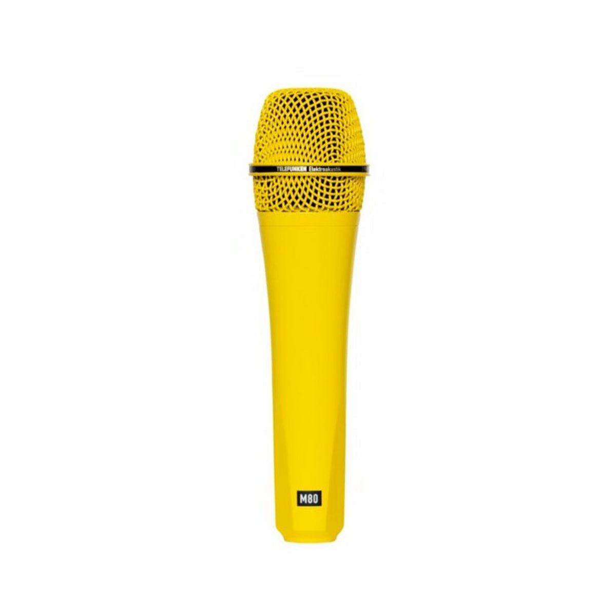 Yellow handheld microphone with black text and grille in a straight-on view.