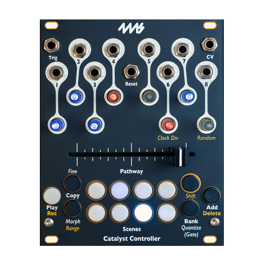 Front panel of a Catalyst Controller with multiple audio jacks, push buttons, and a slider on a black surface.