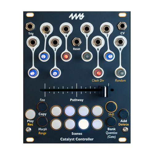 Front panel of a Catalyst Controller with multiple audio jacks, push buttons, and a slider on a black surface.