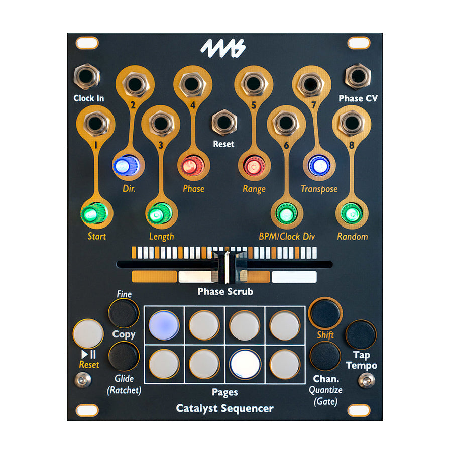 Black sequencer module with knobs, buttons, toggle switches, slider, and multiple 6.35mm jacks labeled