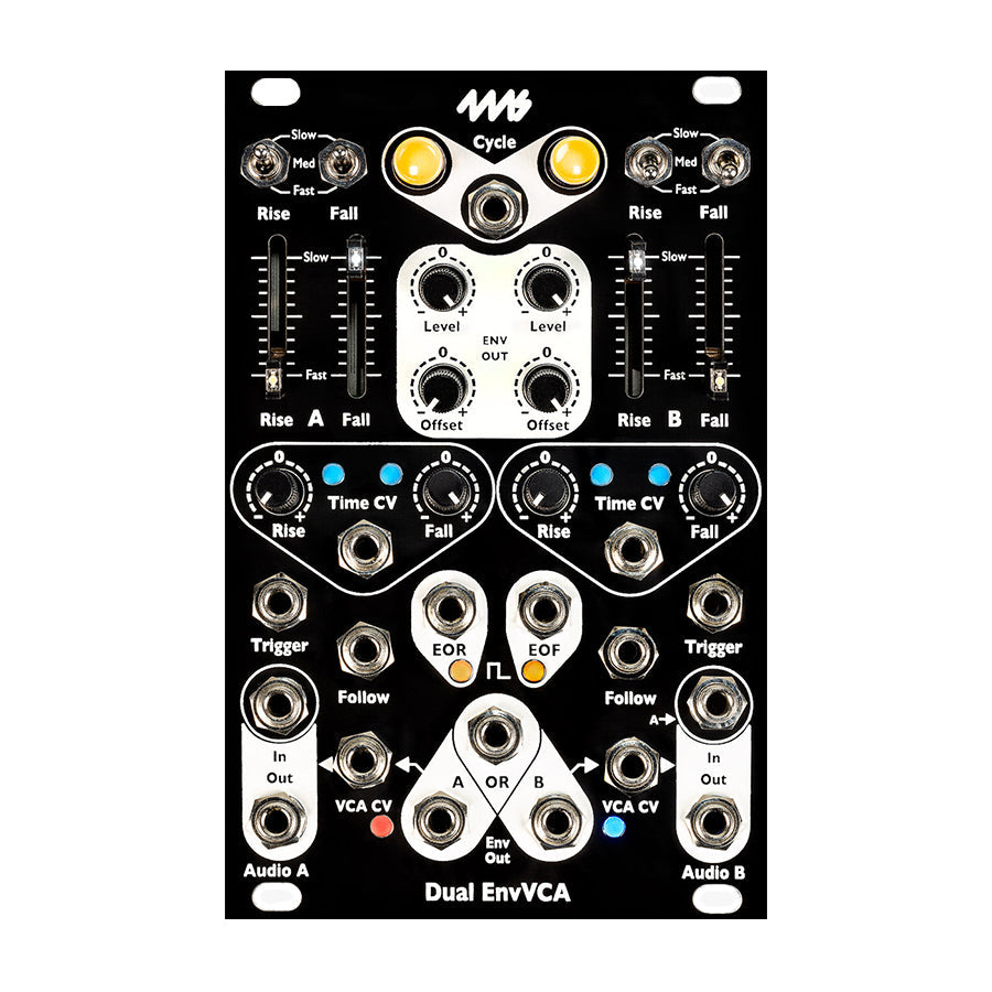 Black and white eurorack module with multiple knobs, switches, sliders, buttons, and audio input/output jacks.