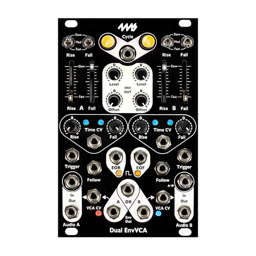Black and white eurorack module with multiple knobs, switches, sliders, buttons, and audio input/output jacks.