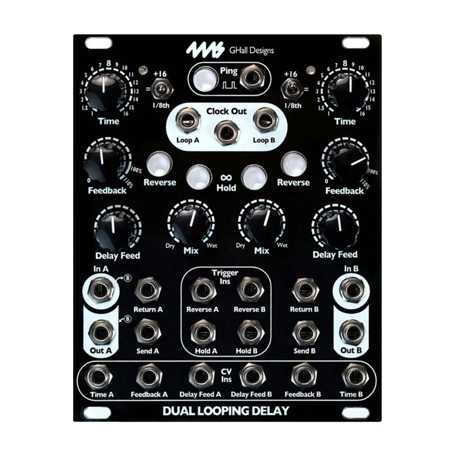 Black eurorack module with multiple knobs, jacks, and switches labeled for delay and looping controls.