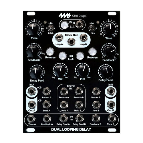 Black eurorack module with multiple knobs, jacks, and switches labeled for delay and looping controls.