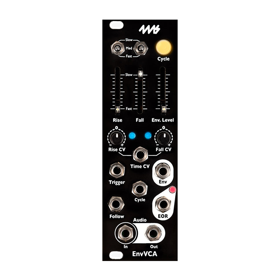 Black Eurorack module with sliders, knobs, toggle switches, and multiple 3.5mm jack sockets labeled EnvVCA.