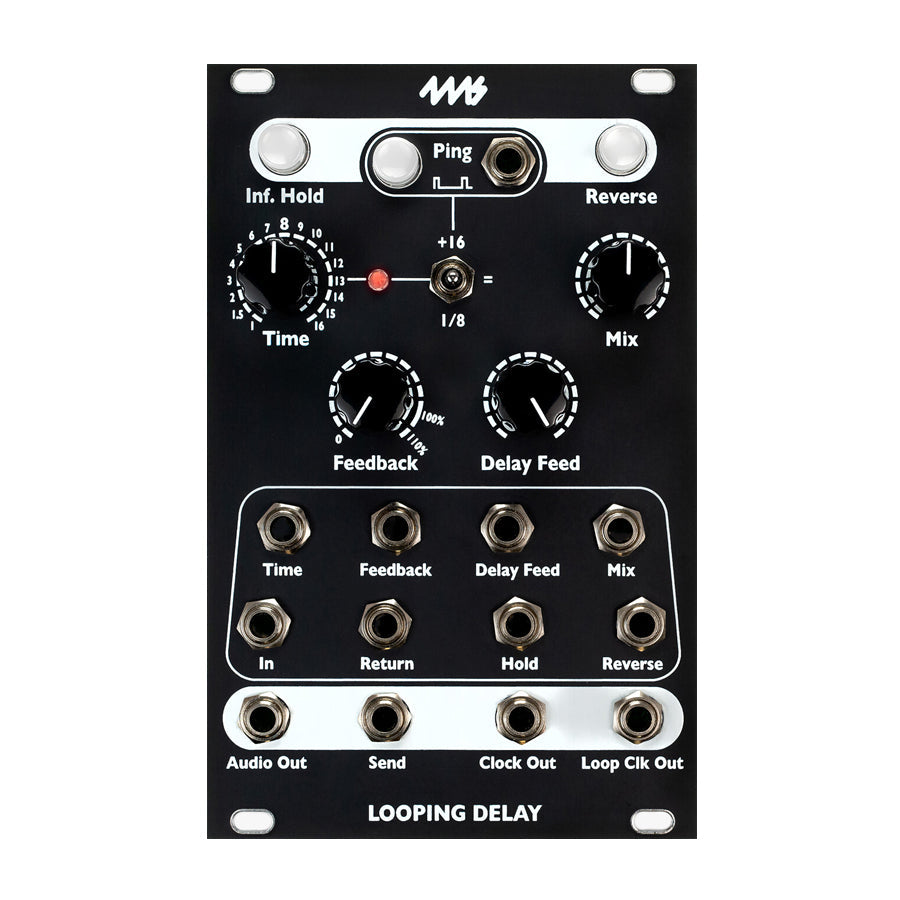 Black eurorack module with knobs, switches, and multiple 1/8 inch jacks labeled Looping Delay.