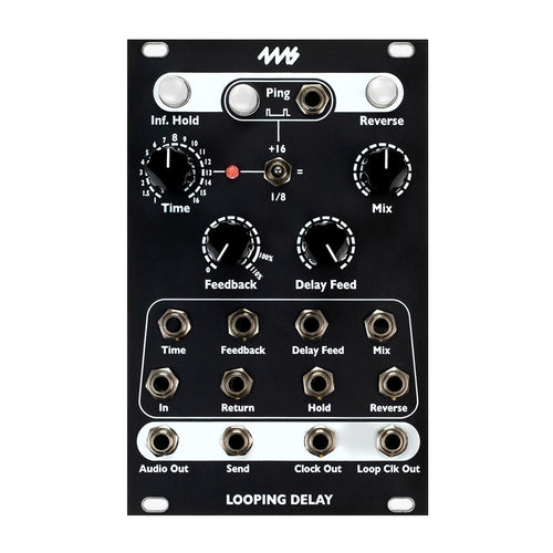 Black eurorack module with knobs, switches, and multiple 1/8 inch jacks labeled Looping Delay.