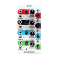 Silver panel with four colored sections each having knobs, toggles, and 1/4 inch jacks labeled for CV and INV OUT.