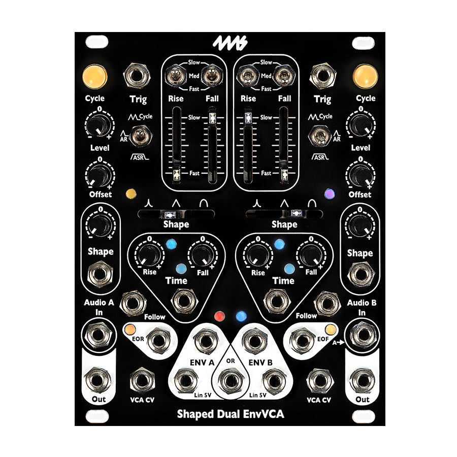 Black eurorack module with dual envelope and VCA controls, jacks, knobs, sliders, and toggle switches.