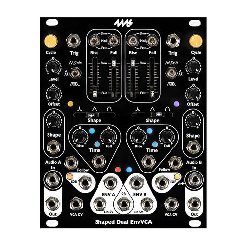 Black eurorack module with dual envelope and VCA controls, jacks, knobs, sliders, and toggle switches.