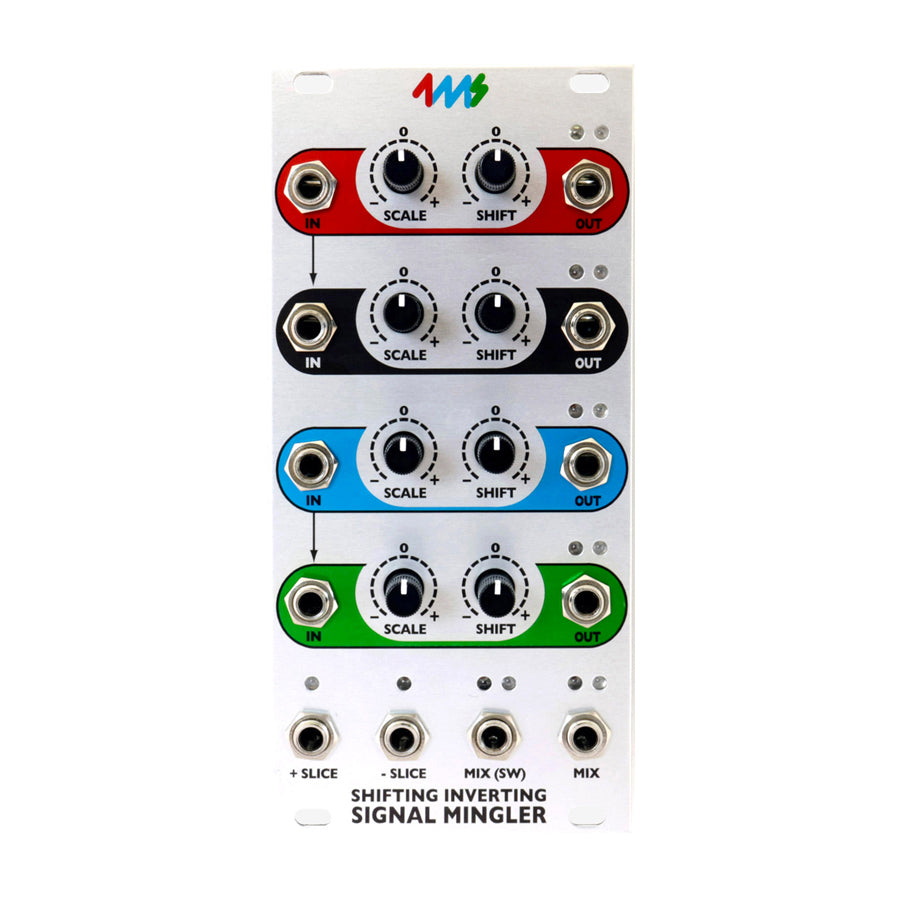 Eurorack module with four rows of input/output jacks and scale shift knobs and additional mix slice jacks at the bottom.