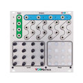 Eurorack module with four input and four output jack sockets, 16 knobs, and 16 buttons on a white panel.