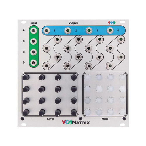 Eurorack module with four input and four output jack sockets, 16 knobs, and 16 buttons on a white panel.
