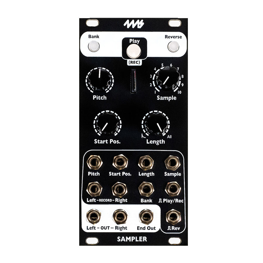 Black 4ms Sampler module with multiple knobs, buttons, and 1/8 inch jacks labeled for pitch, sample, and playback control.