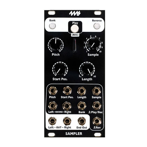 Black 4ms Sampler module with multiple knobs, buttons, and 1/8 inch jacks labeled for pitch, sample, and playback control.