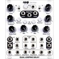 White control panel of a dual channel audio delay module with multiple knobs, buttons, and audio jacks.