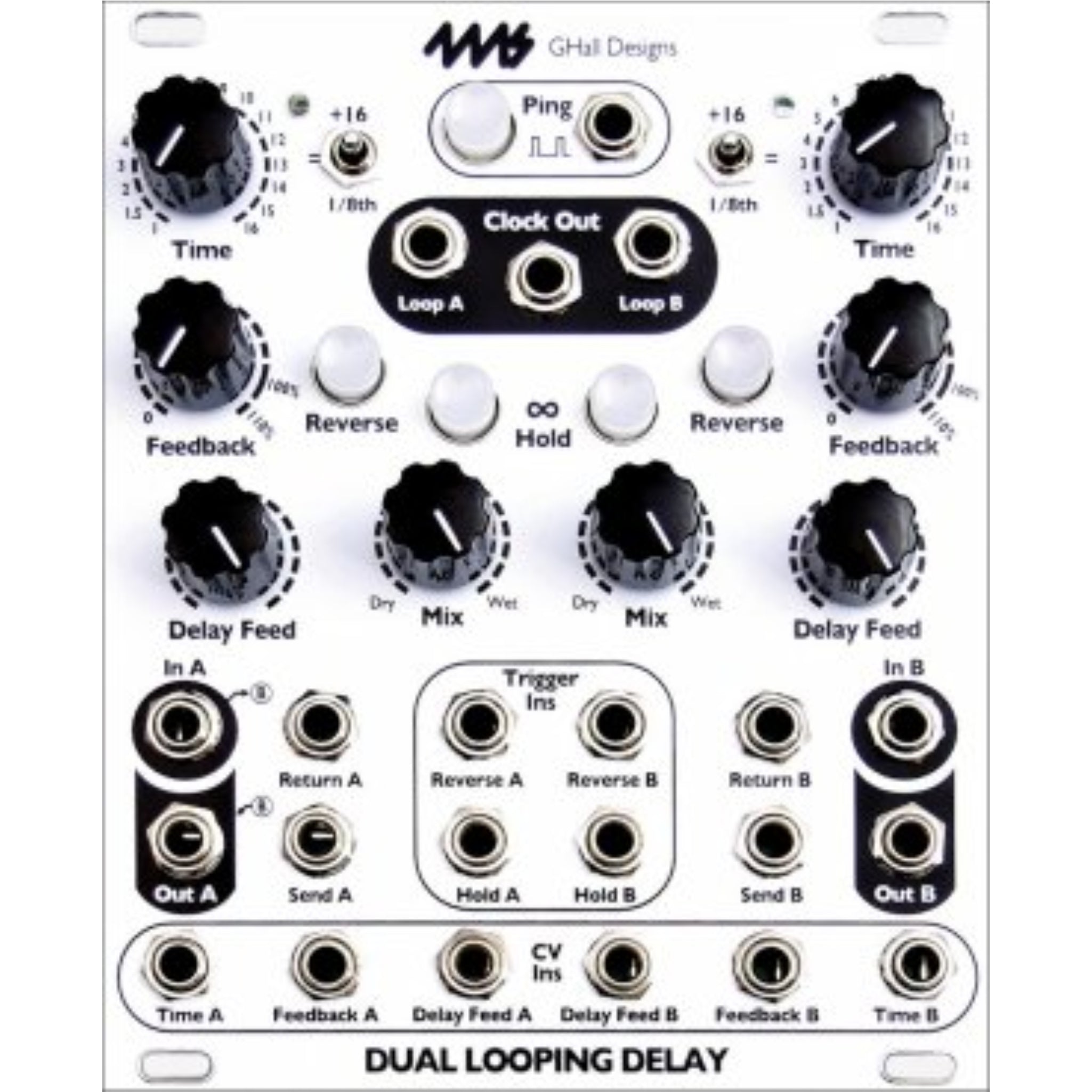 White control panel of a dual channel audio delay module with multiple knobs, buttons, and audio jacks.