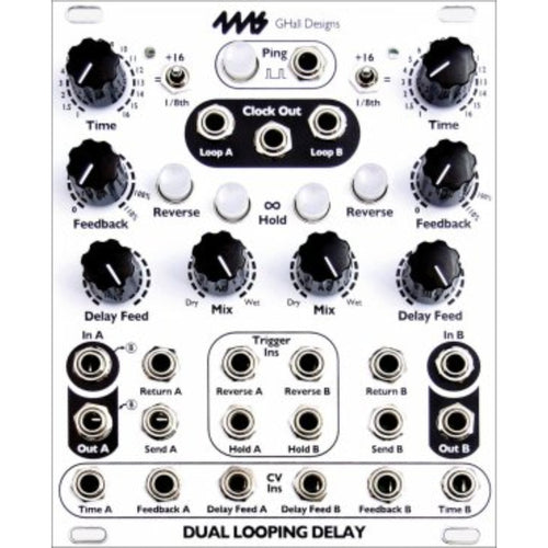 White control panel of a dual channel audio delay module with multiple knobs, buttons, and audio jacks.