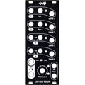Black metal faceplate with multiple labeled holes and markings for audio control knobs and switches.