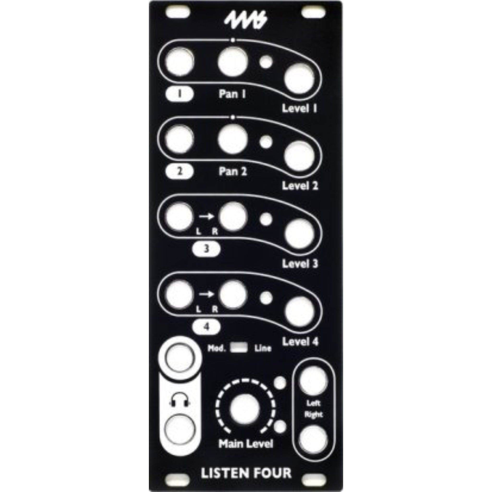 Black metal faceplate with multiple labeled holes and markings for audio control knobs and switches.