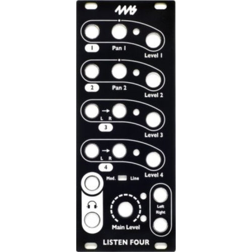Black metal faceplate with multiple labeled holes and markings for audio control knobs and switches.