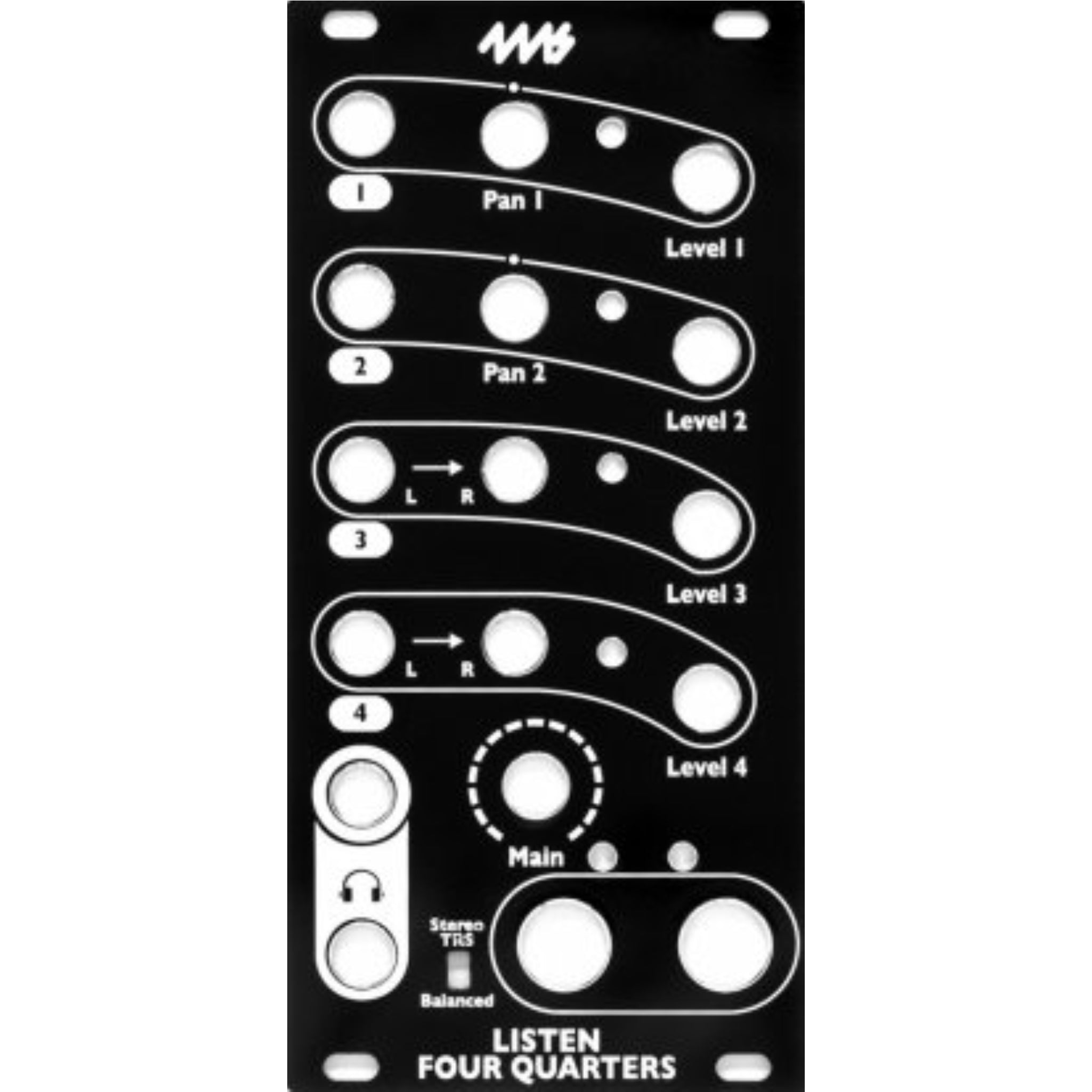 Black metal faceplate with multiple labeled cutouts and white text for four channels and a main control.