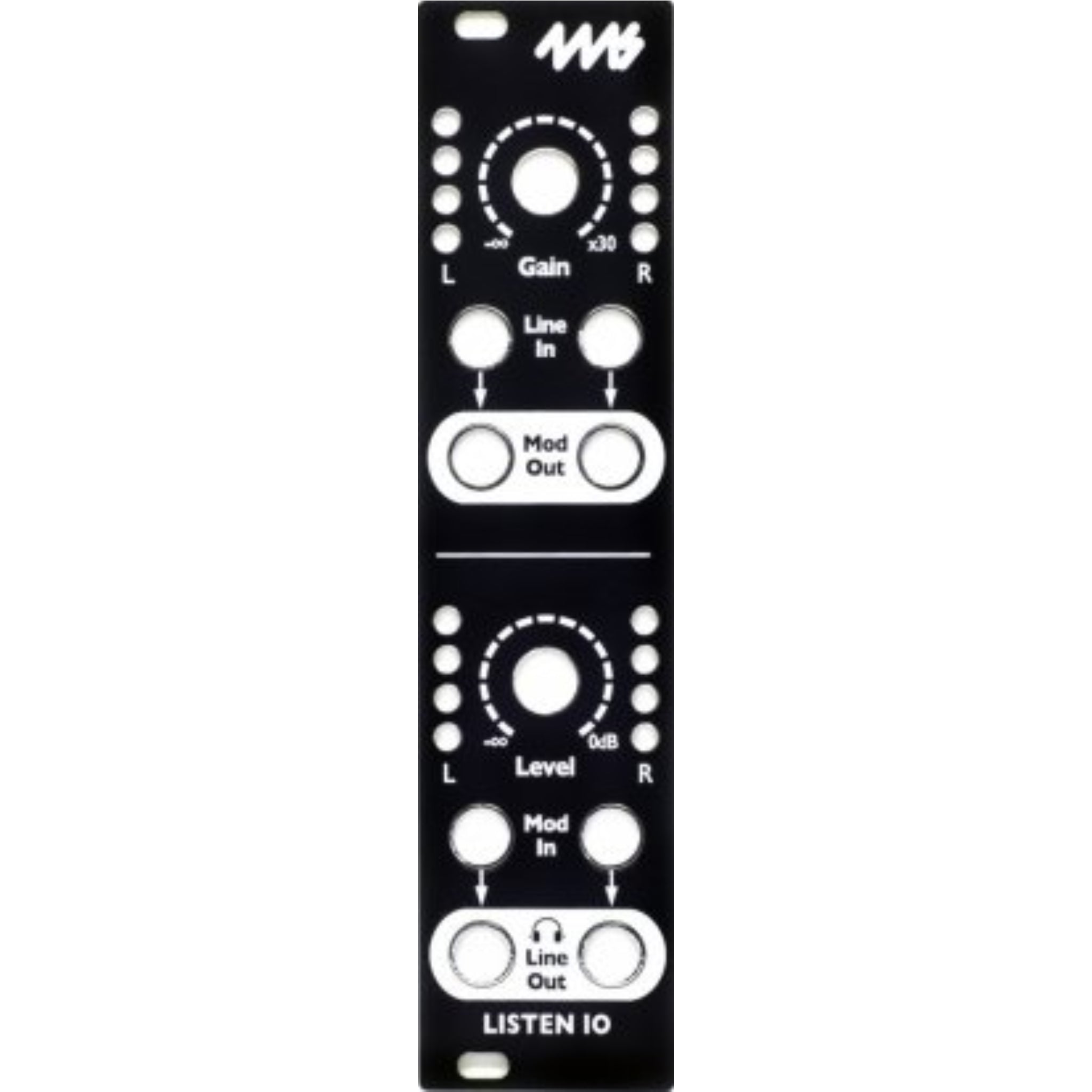 Black metal faceplate with white text and markings for a modular audio interface module.