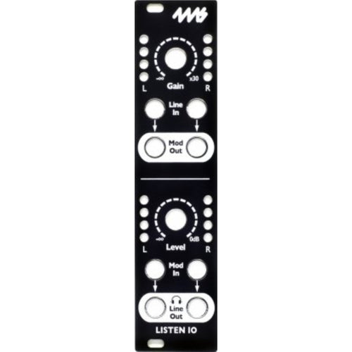 Black metal faceplate with white text and markings for a modular audio interface module.
