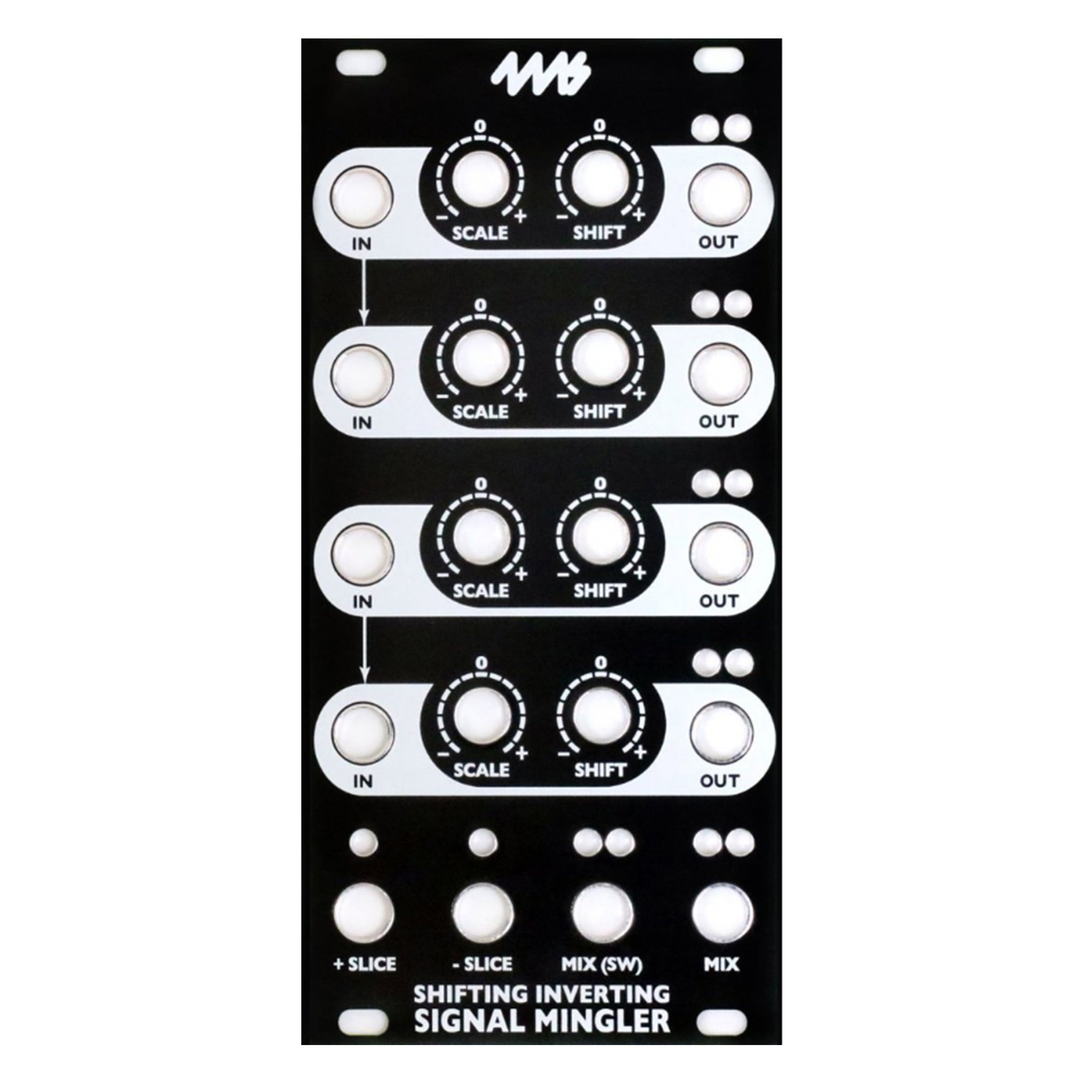 Black faceplate with white markings and cutouts for knobs, buttons, and jacks labeled with scale, shift, and signal mixing functions.