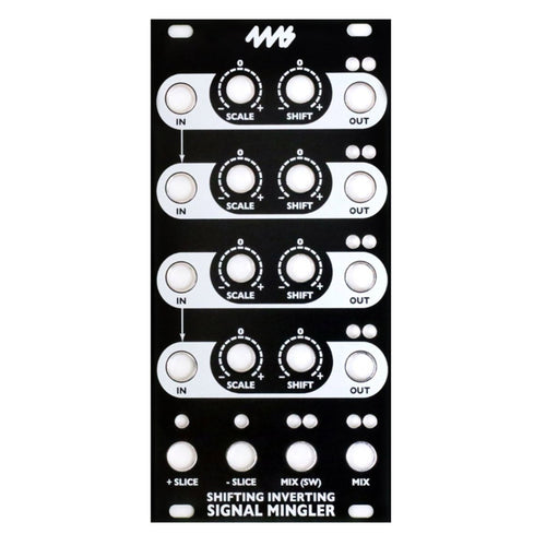 Black faceplate with white markings and cutouts for knobs, buttons, and jacks labeled with scale, shift, and signal mixing functions.