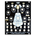 Black metal faceplate with multiple labeled holes for knobs, buttons, and jacks for stereo triggered sampler module.
